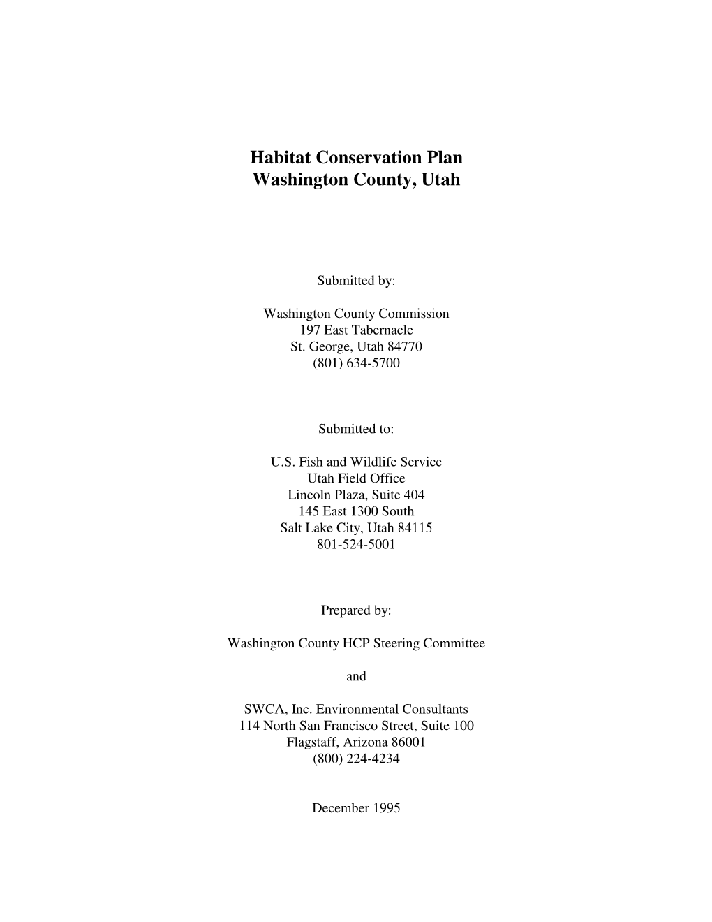 Habitat Conservation Plan Washington County, Utah