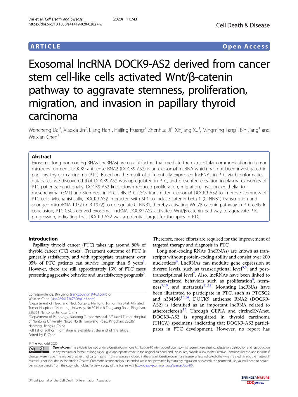 Exosomal Lncrna DOCK9-AS2 Derived from Cancer Stem Cell-Like