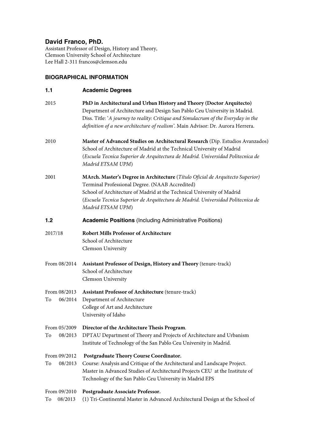 00 ACADEMIC CV DAVID FRANCO May18