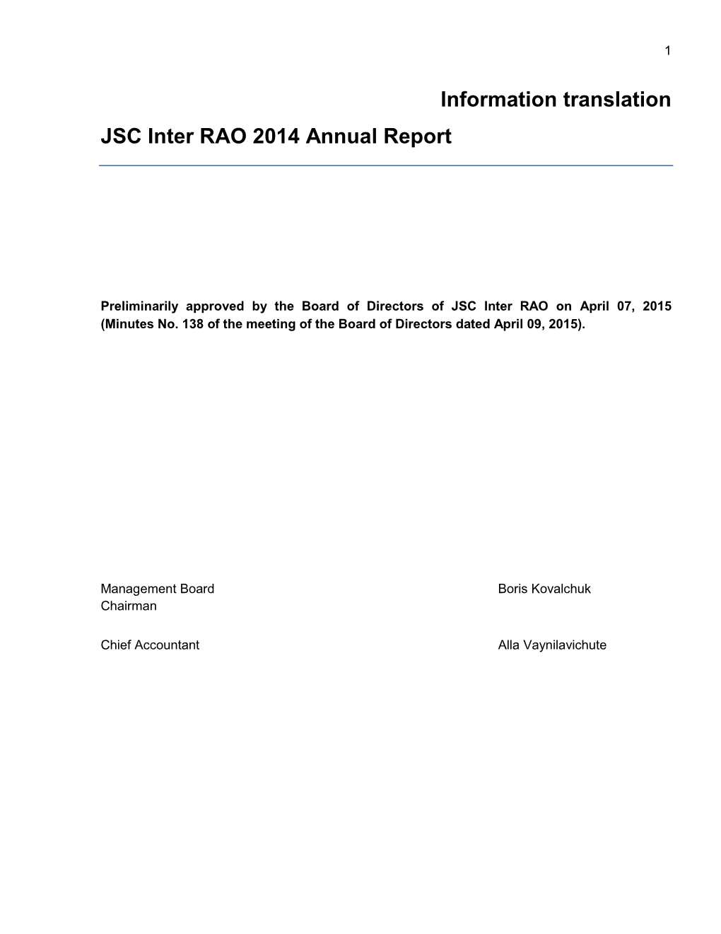Information Translation JSC Inter RAO 2014 Annual Report