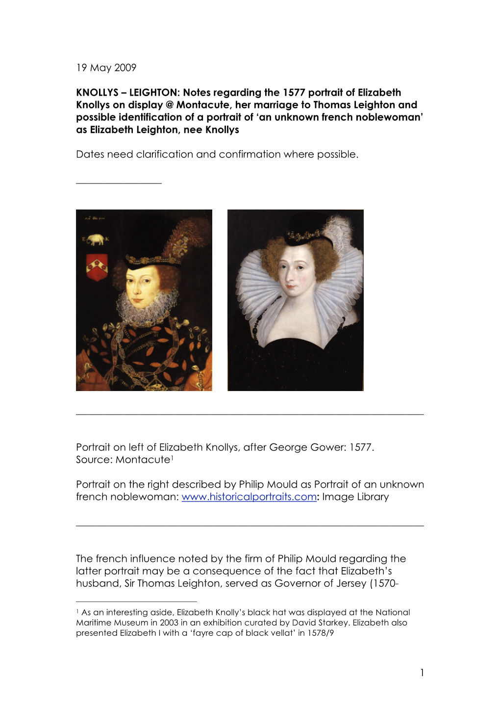 LEIGHTON: Notes Regarding the 1577 Portrait of Elizabeth Knollys On