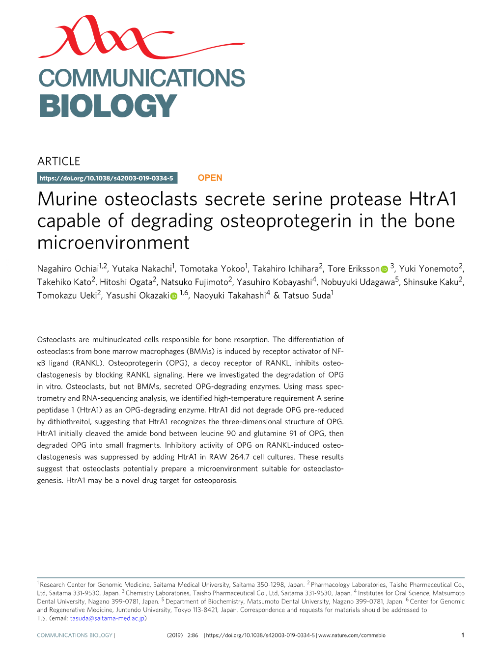 Murine Osteoclasts Secrete Serine Protease Htra1 Capable of Degrading Osteoprotegerin in the Bone Microenvironment