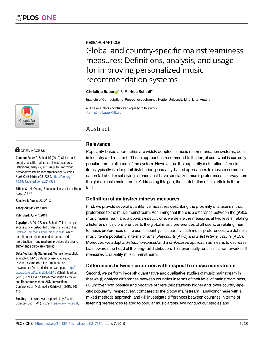 Global and Country-Specific Mainstreaminess Measures: Definitions, Analysis, and Usage for Improving Personalized Music Recommendation Systems