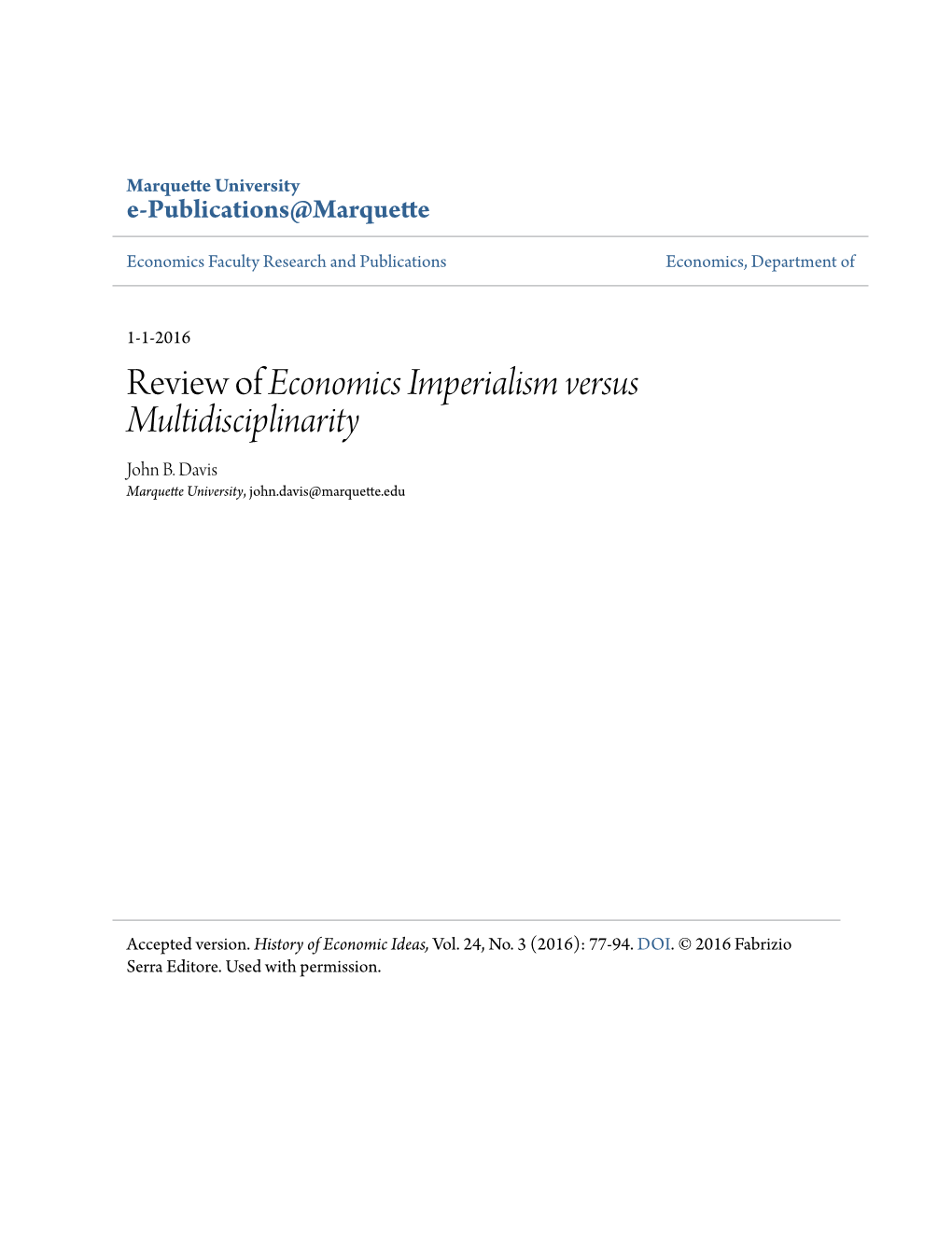 Review of Economics Imperialism Versus Multidisciplinarity John B