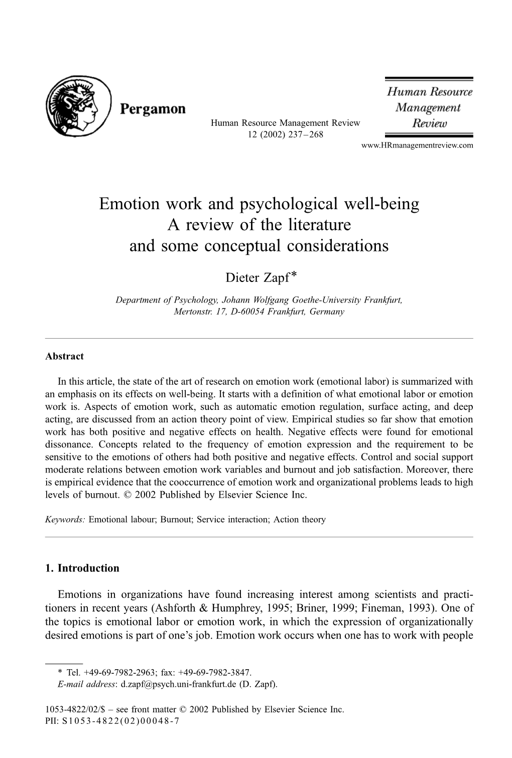 Emotion Work and Psychological Well-Being a Review of the Literature and Some Conceptual Considerations