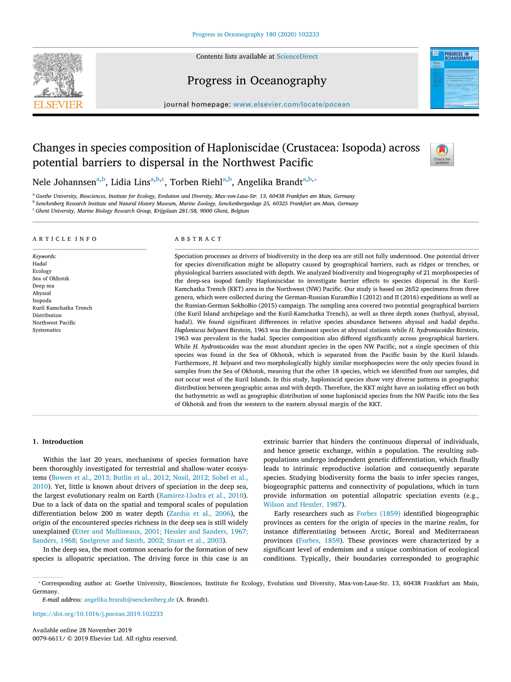 Changes in Species Composition of Haploniscidae (Crustacea Isopoda)