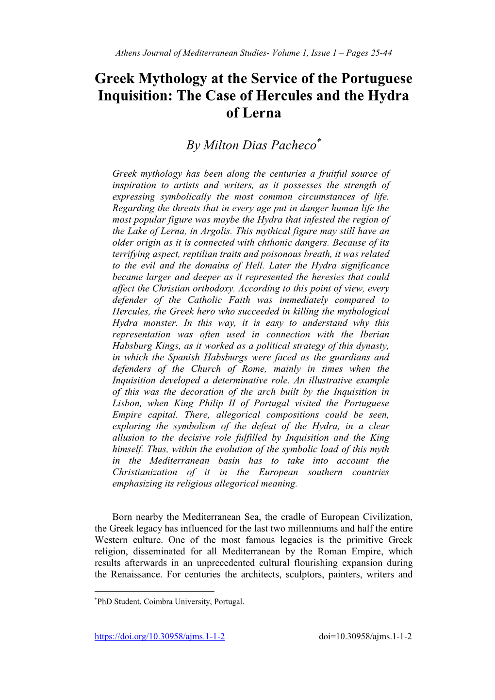 Greek Mythology at the Service of the Portuguese Inquisition: the Case of Hercules and the Hydra of Lerna