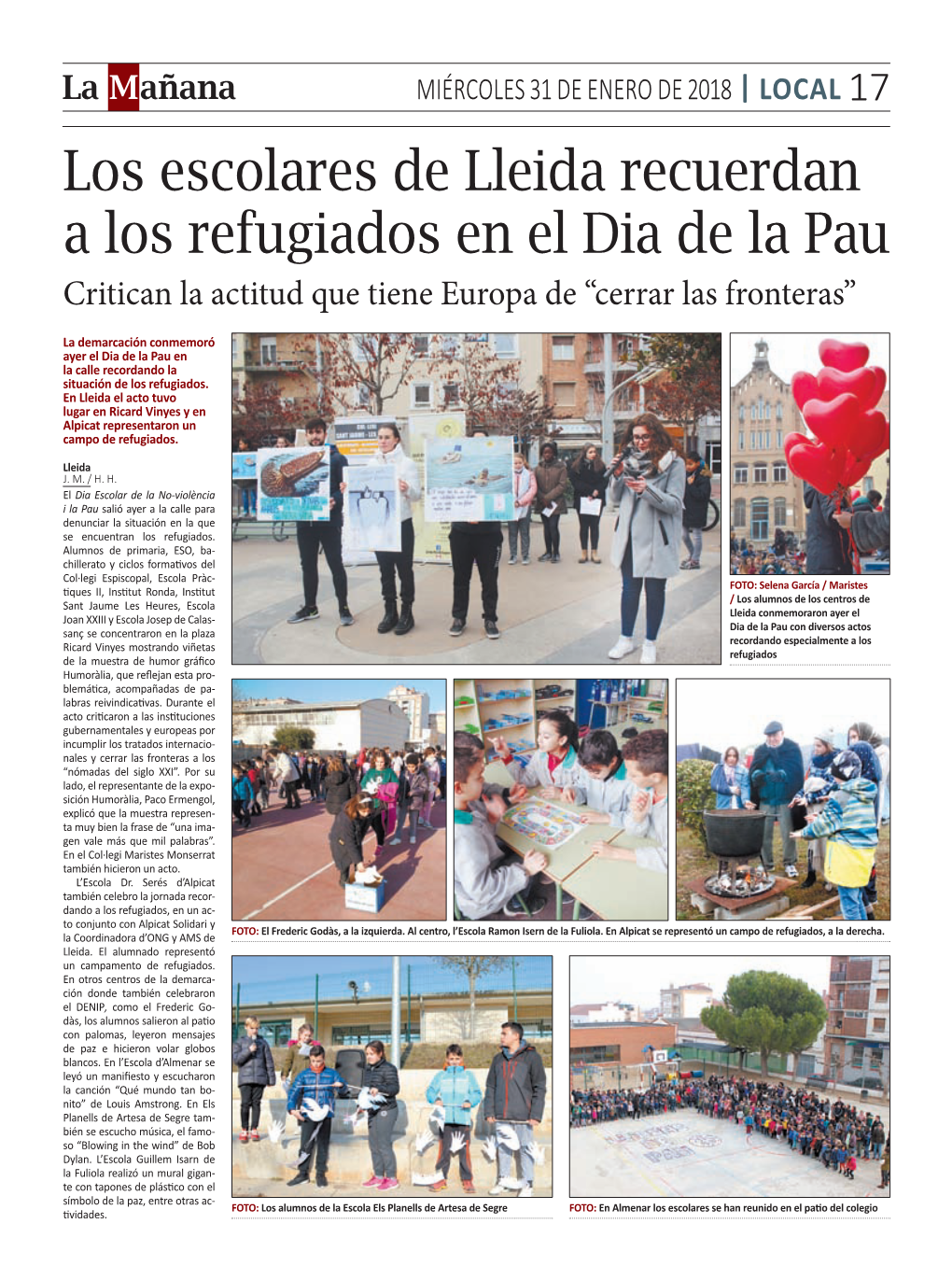 Los Escolares De Lleida Recuerdan a Los Refugiados En El Dia De La Pau Critican La Actitud Que Tiene Europa De “Cerrar Las Fronteras”