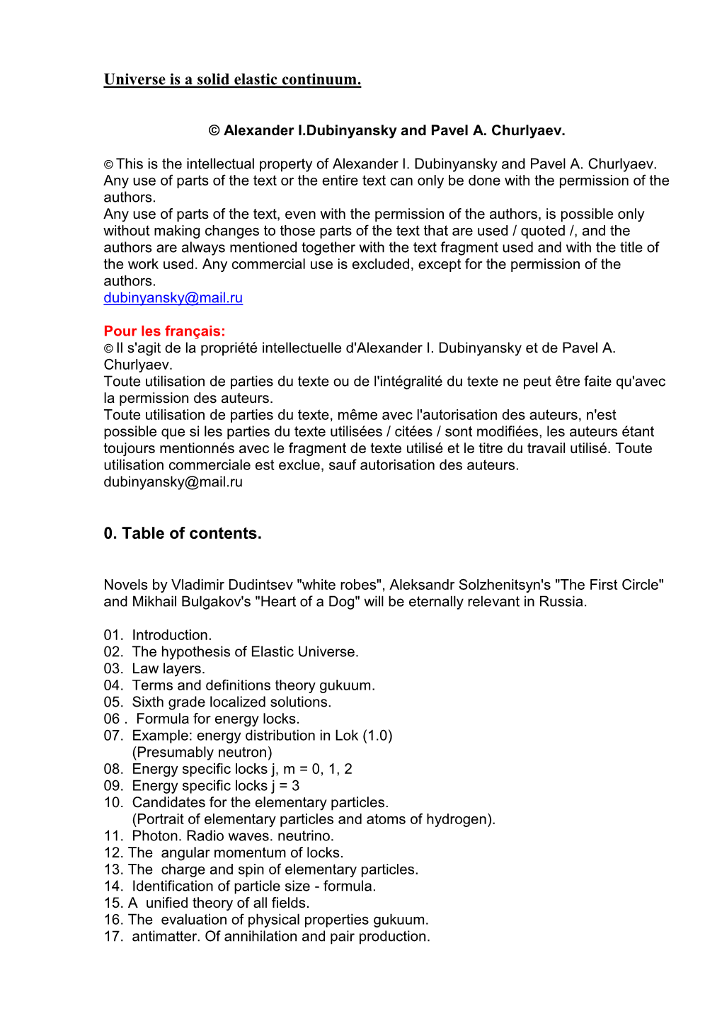 Universe Is a Solid Elastic Continuum. 0. Table of Contents