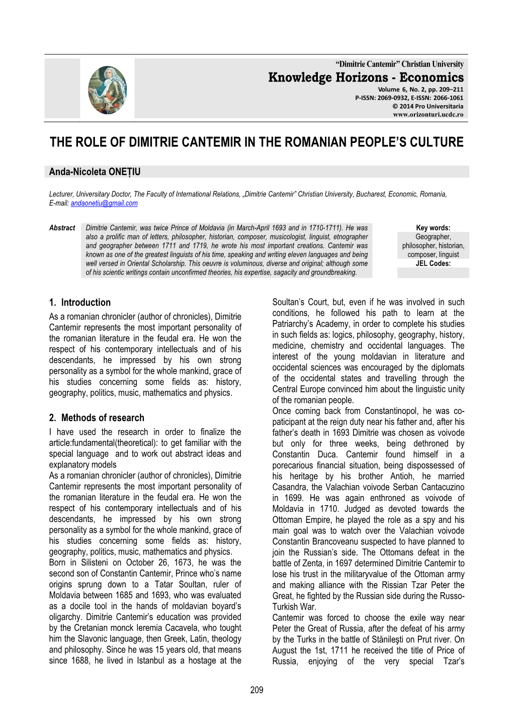 Economics the ROLE of DIMITRIE CANTEMIR