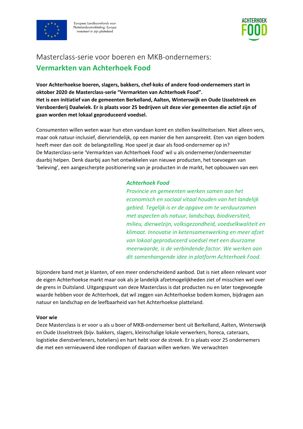 Masterclass-Serie Voor Boeren En MKB-Ondernemers: Vermarkten Van Achterhoek Food