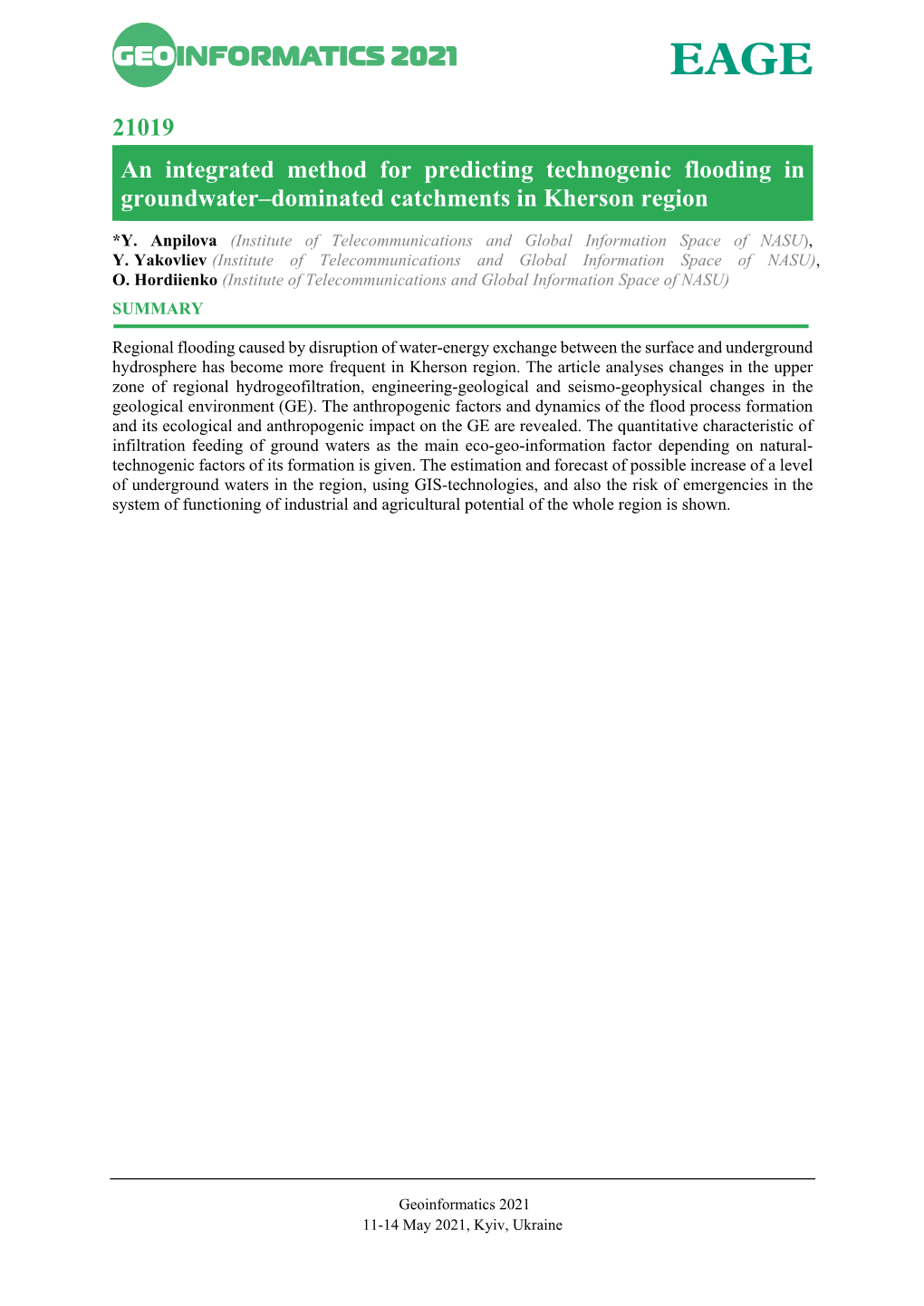 21019 an Integrated Method for Predicting Technogenic Flooding in Groundwater–Dominated Catchments in Kherson Region