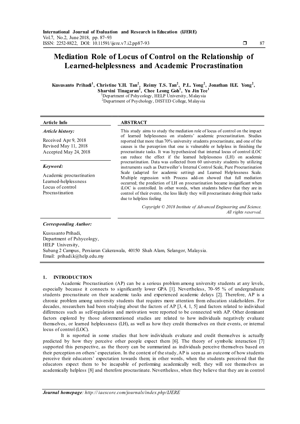 Mediation Role of Locus of Control on the Relationship of Learned-Helplessness and Academic Procrastination