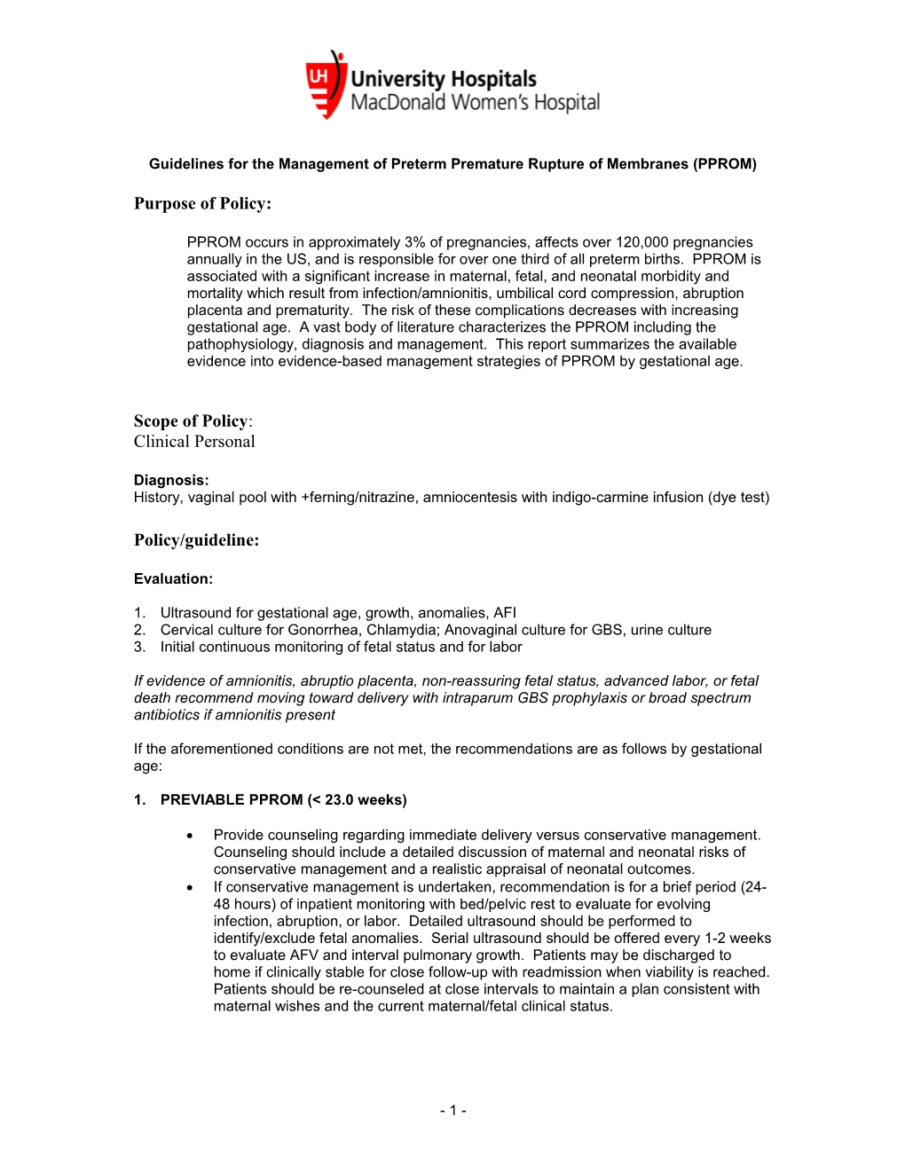 Guidelines for the Management of Preterm Premature Rupture of Membranes (PPROM)