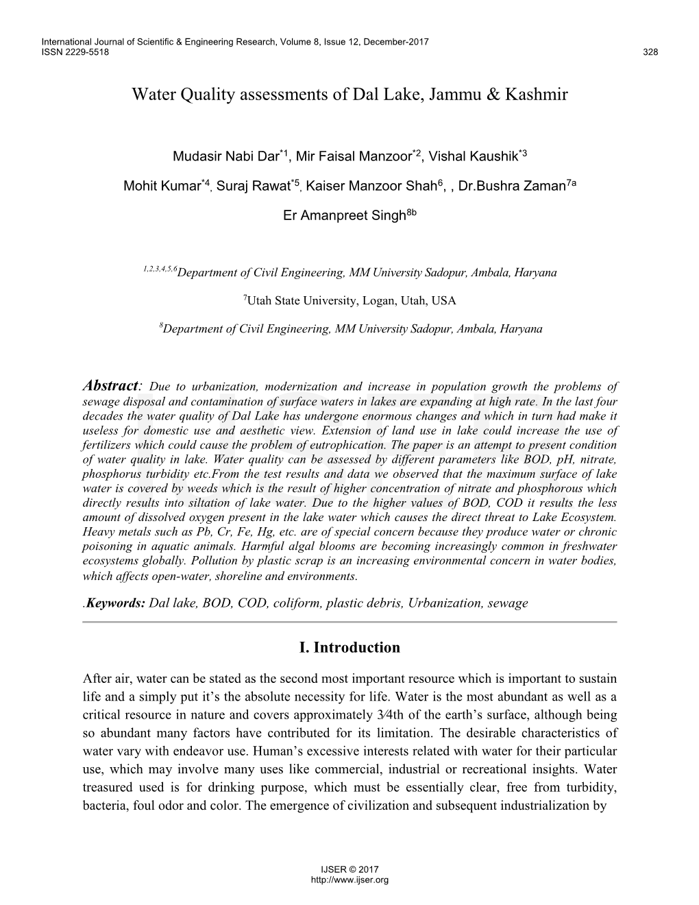 Water Quality Assessments of Dal Lake, Jammu & Kashmir