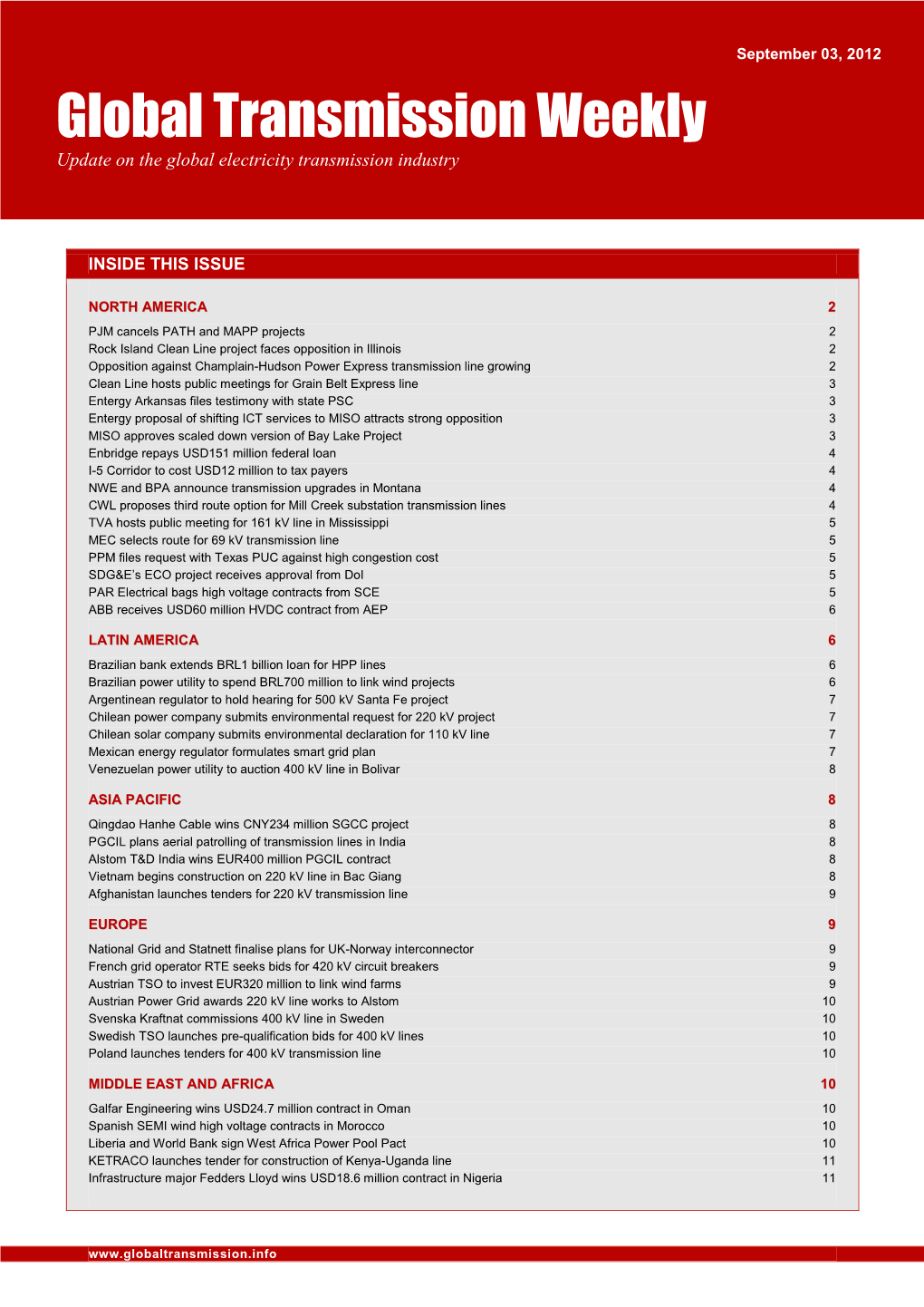 Global Transmission Weekly Update on the Global Electricity Transmission Industry