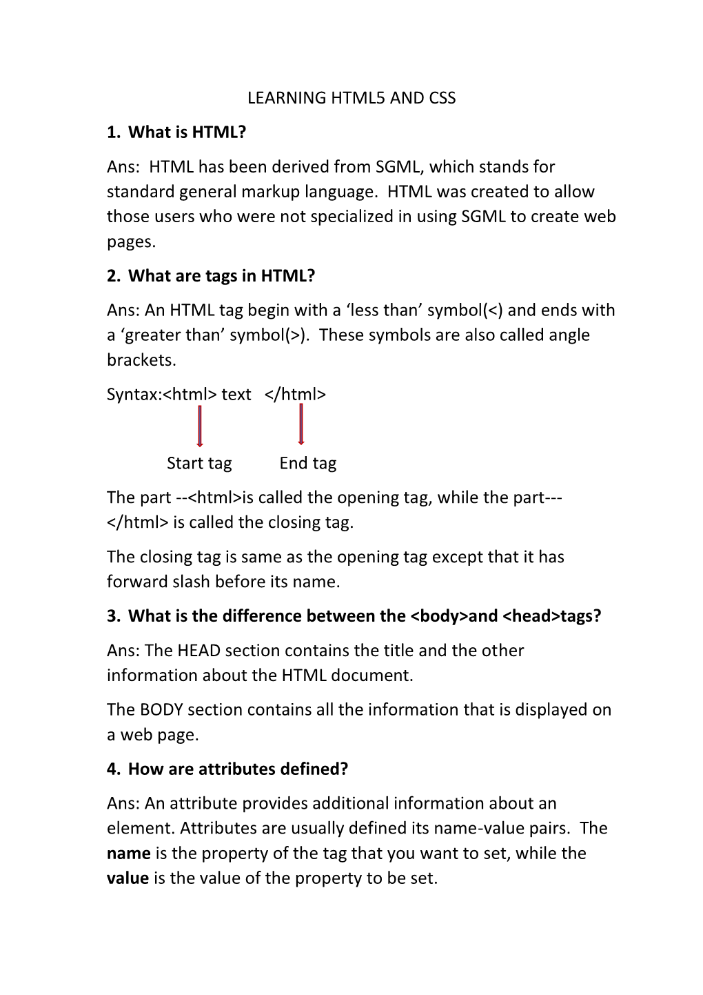 LEARNING HTML5 and CSS 1. What Is HTML? Ans: HTML Has Been Derived from SGML, Which Stands for Standard General Markup Language