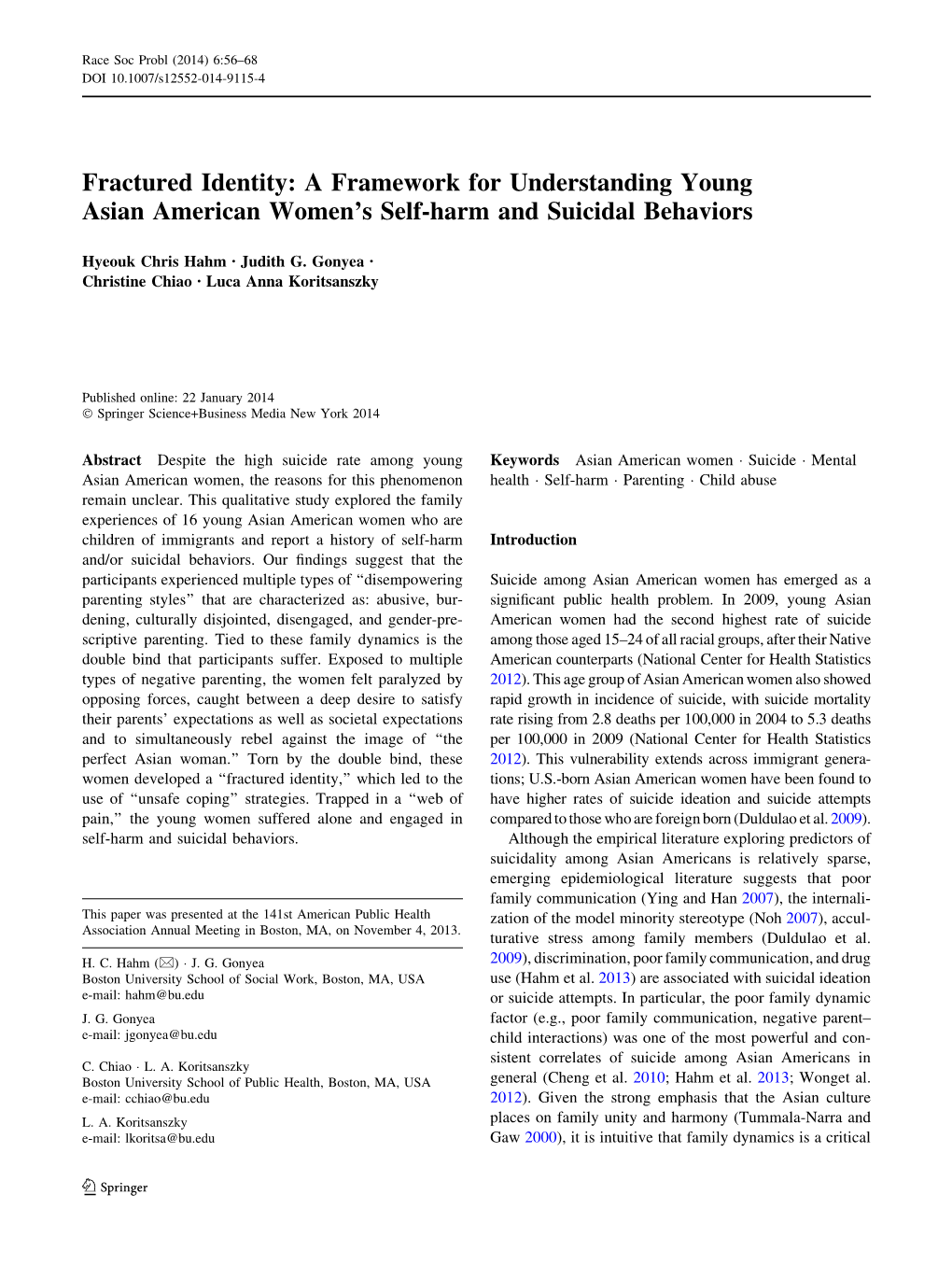 A Framework for Understanding Young Asian American Women’S Self-Harm and Suicidal Behaviors