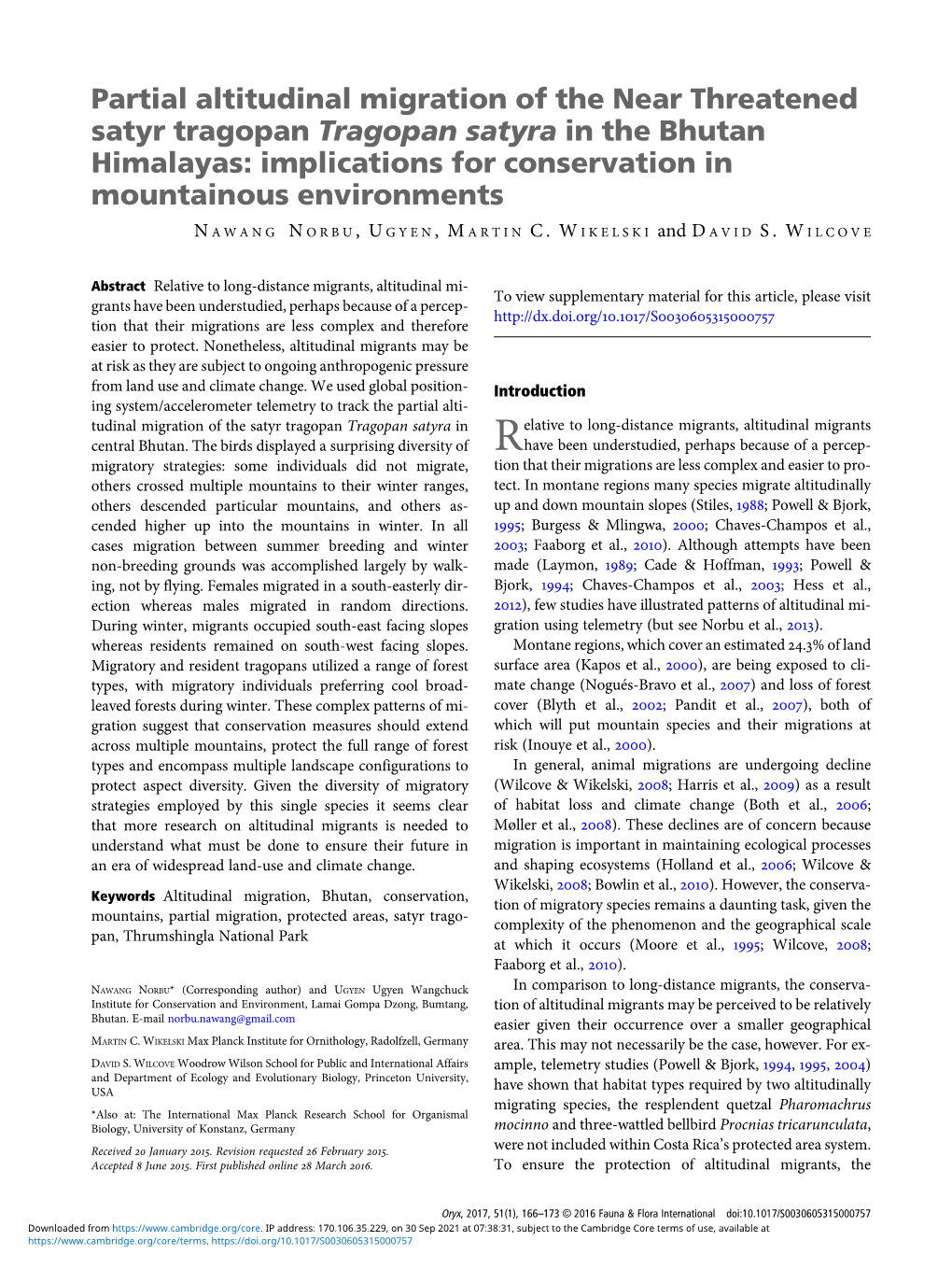 Partial Altitudinal Migration of the Near Threatened Satyr Tragopan Tragopan Satyra in the Bhutan Himalayas: Implications for Conservation in Mountainous Environments