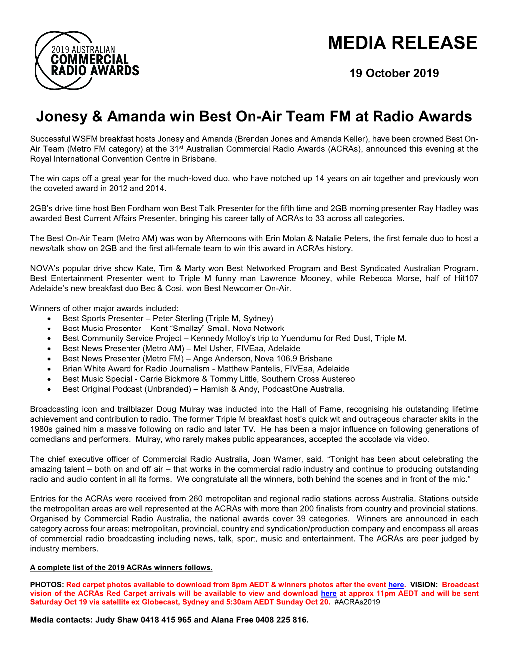 Commercial Radio Awards (Acras), Announced This Evening at the Royal International Convention Centre in Brisbane