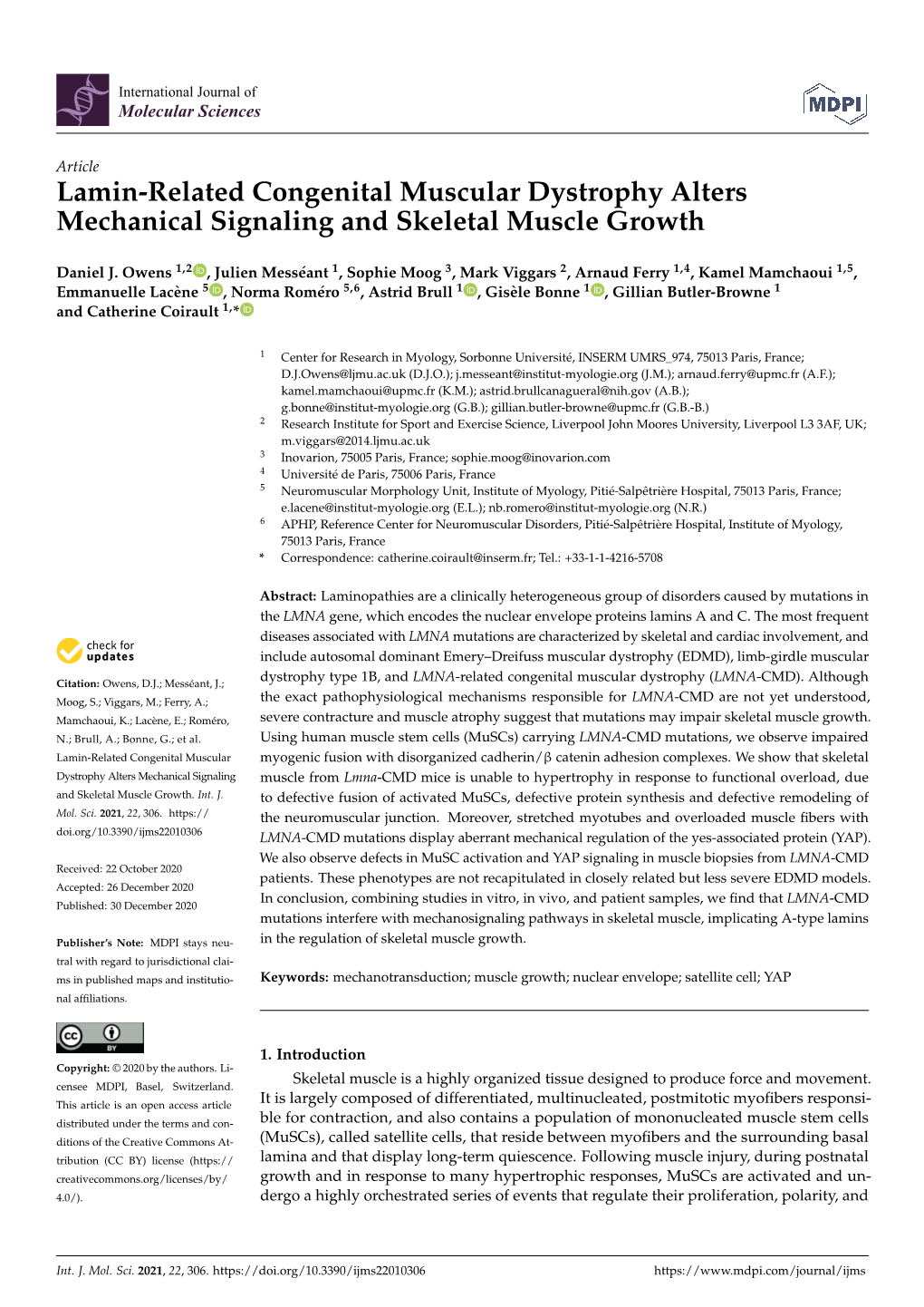 Lamin-Related Congenital Muscular Dystrophy Alters Mechanical Signaling and Skeletal Muscle Growth