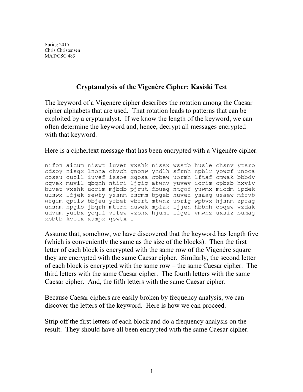 Vigenère Cipher Cryptanalysis