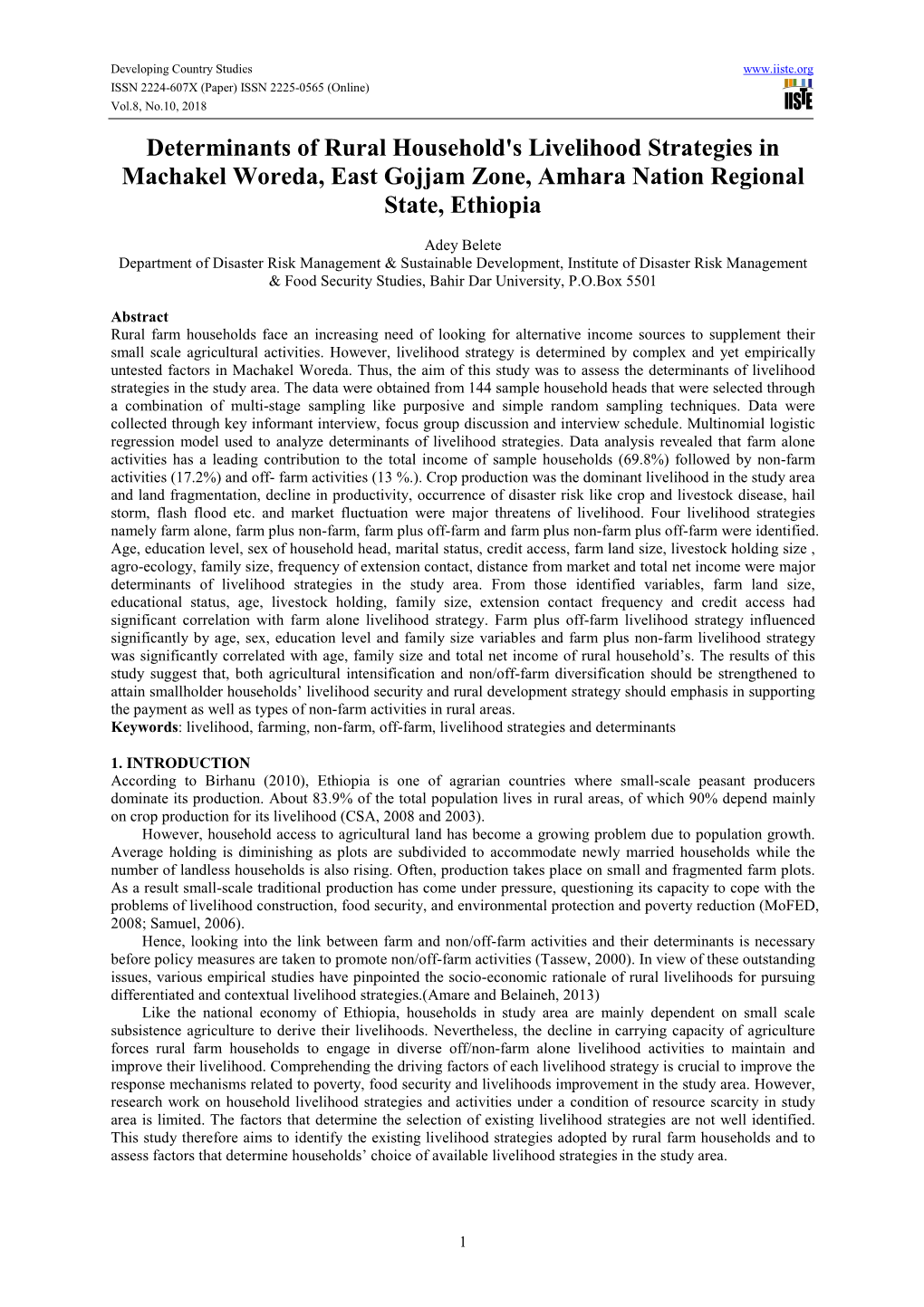 Determinants of Rural Household's Livelihood Strategies in Machakel Woreda, East Gojjam Zone, Amhara Nation Regional State, Ethiopia