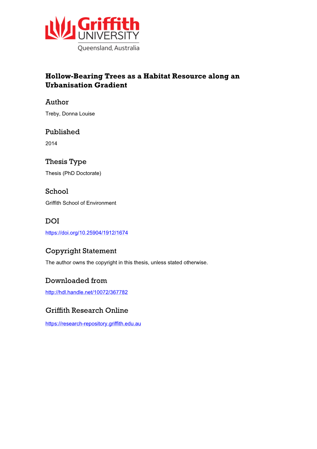 Hollow-Bearing Trees As a Habitat Resource Along an Urbanisation Gradient