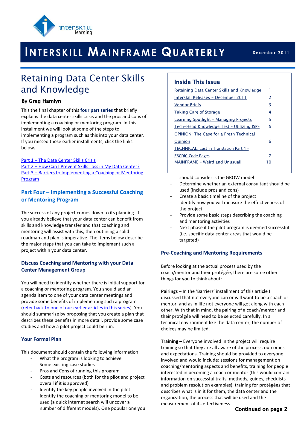 INTERSKILL MAINFRAME QUARTERLY December 2011