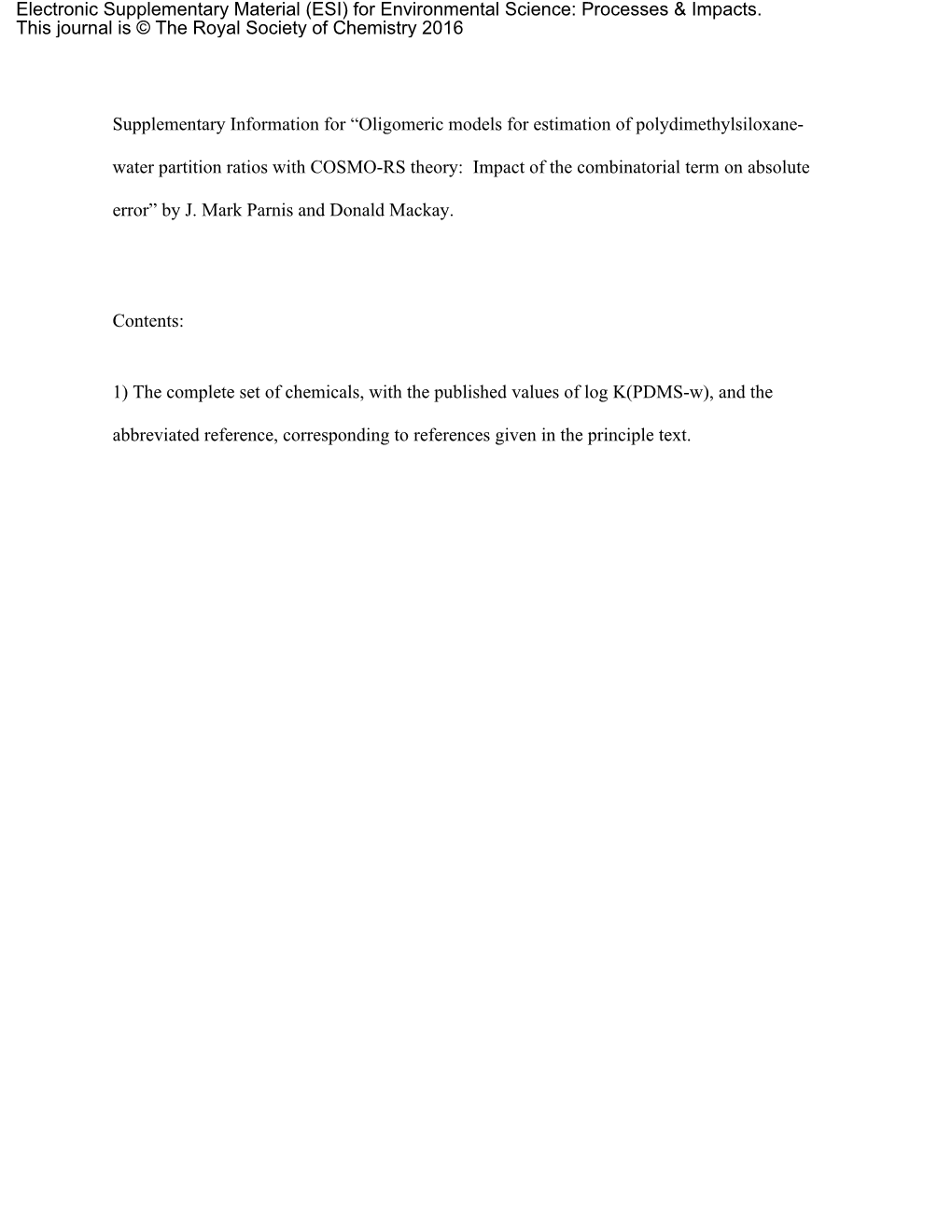 Supplementary Information for “Oligomeric Models for Estimation of Polydimethylsiloxane