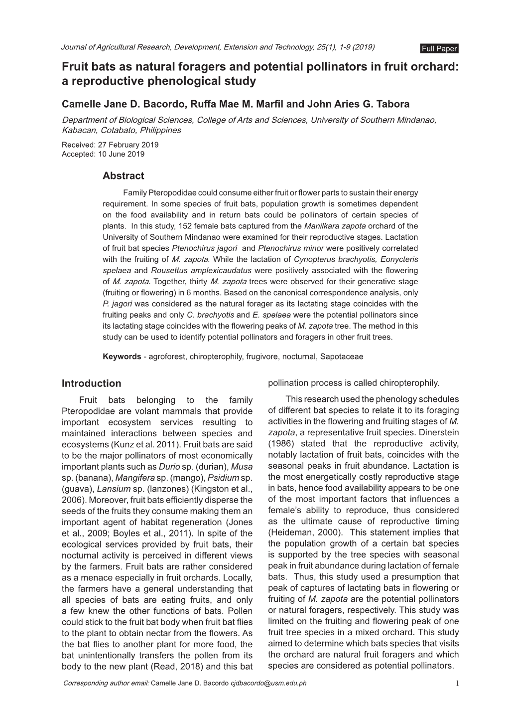 Fruit Bats As Natural Foragers and Potential Pollinators in Fruit Orchard: a Reproductive Phenological Study