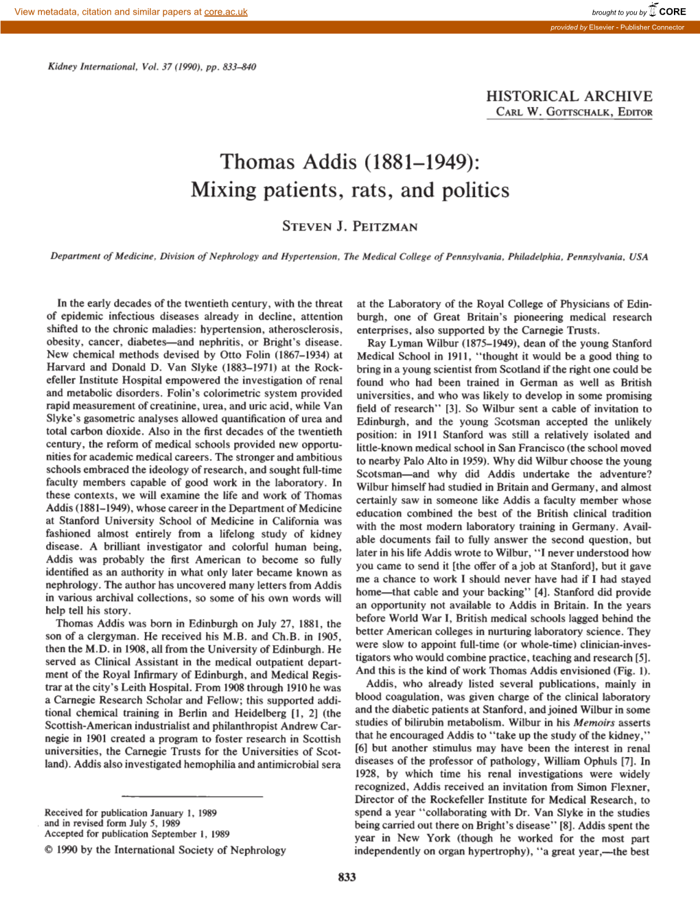 Thomas Addis (1881—1949): Mixing Patients, Rats, and Politics
