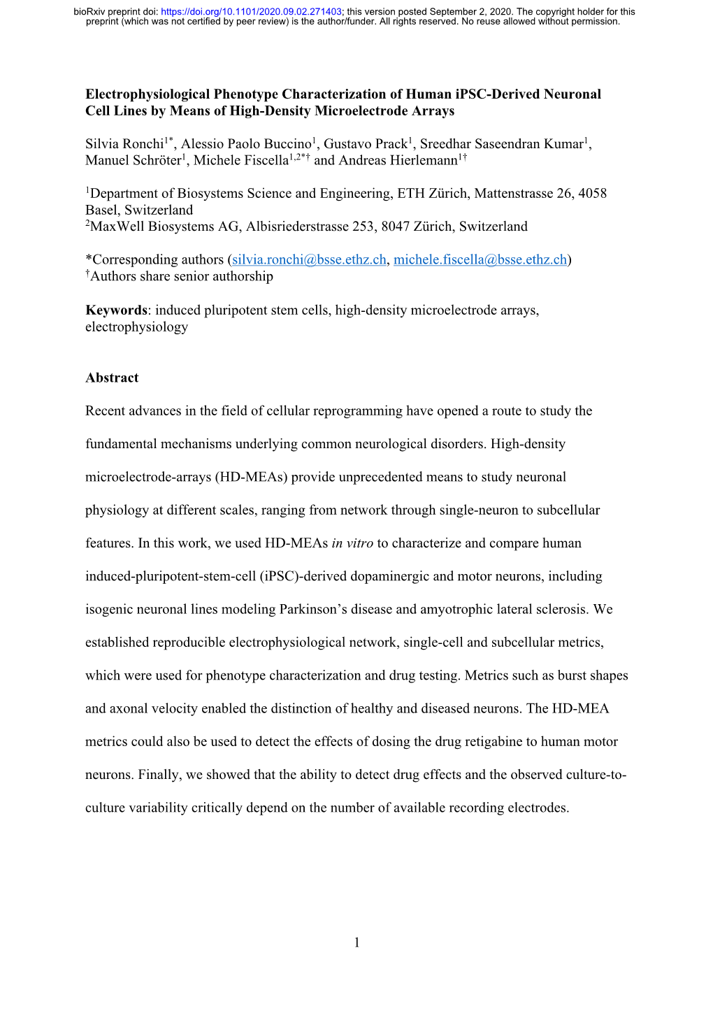 Electrophysiological Phenotype Characterization of Human Ipsc-Derived Neuronal Cell Lines by Means of High-Density Microelectrode Arrays