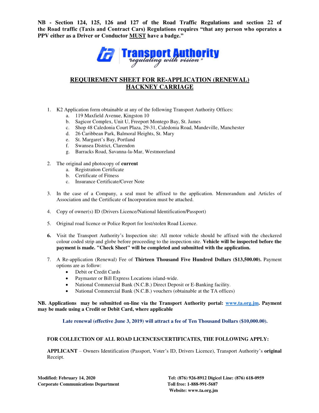 Requirement Sheet for Hackney Carriage Renewal