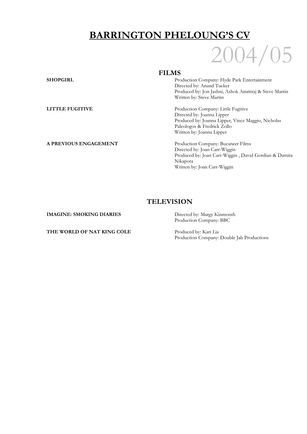 Barrington Pheloung's Cv