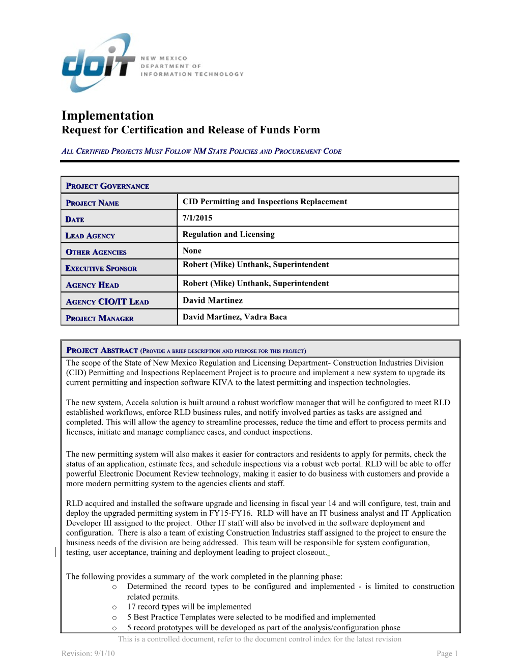 Request for Certification and Release of Funds Form s1