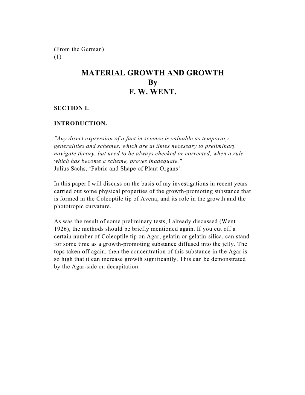 MATERIAL GROWTH and GROWTH by F. W. WENT