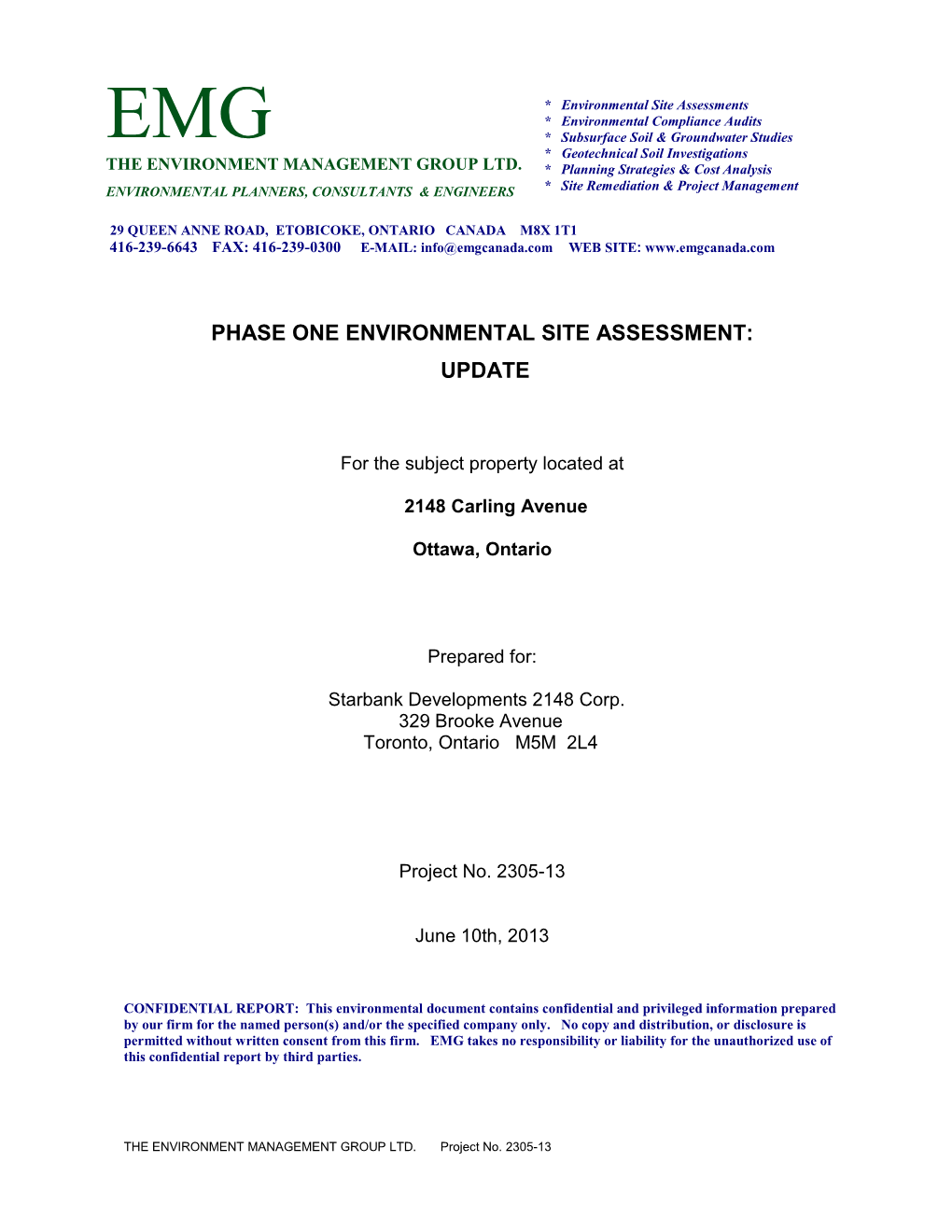 Phase One Environmental Site Assessment: Update