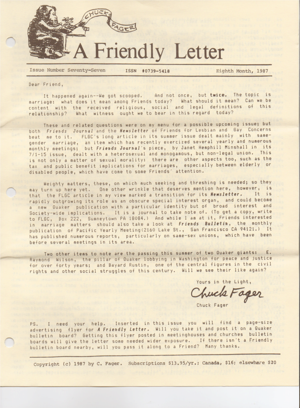 A Friendly Letter | Chuck Fager