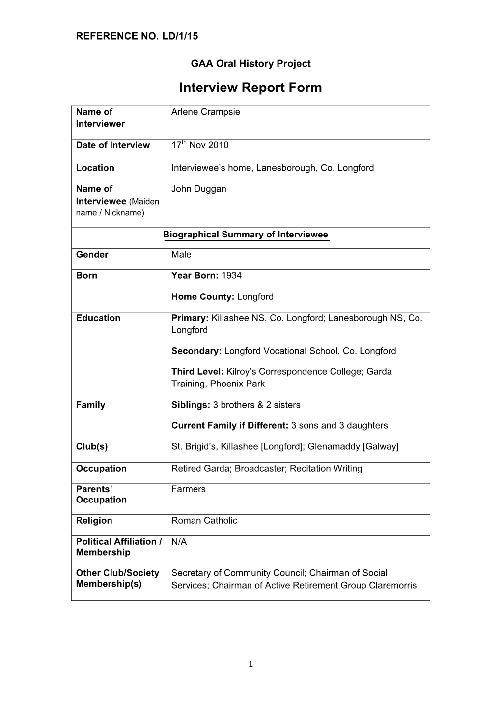 GAA Oral History Project Interview Report Form