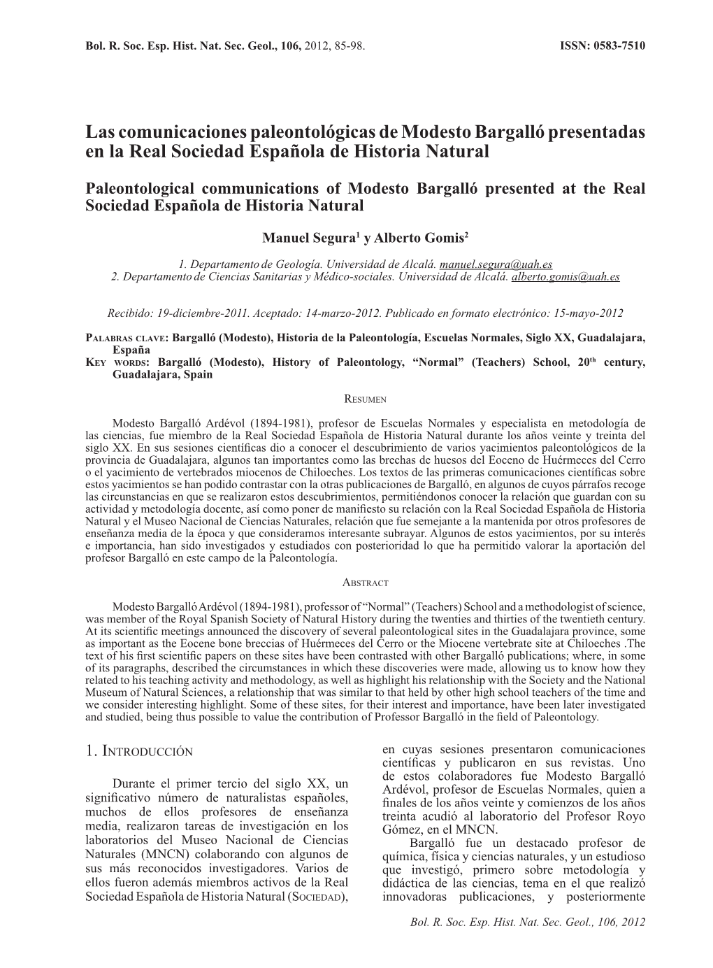 Las Comunicaciones Paleontológicas De Modesto Bargalló Presentadas En La Real Sociedad Española De Historia Natural
