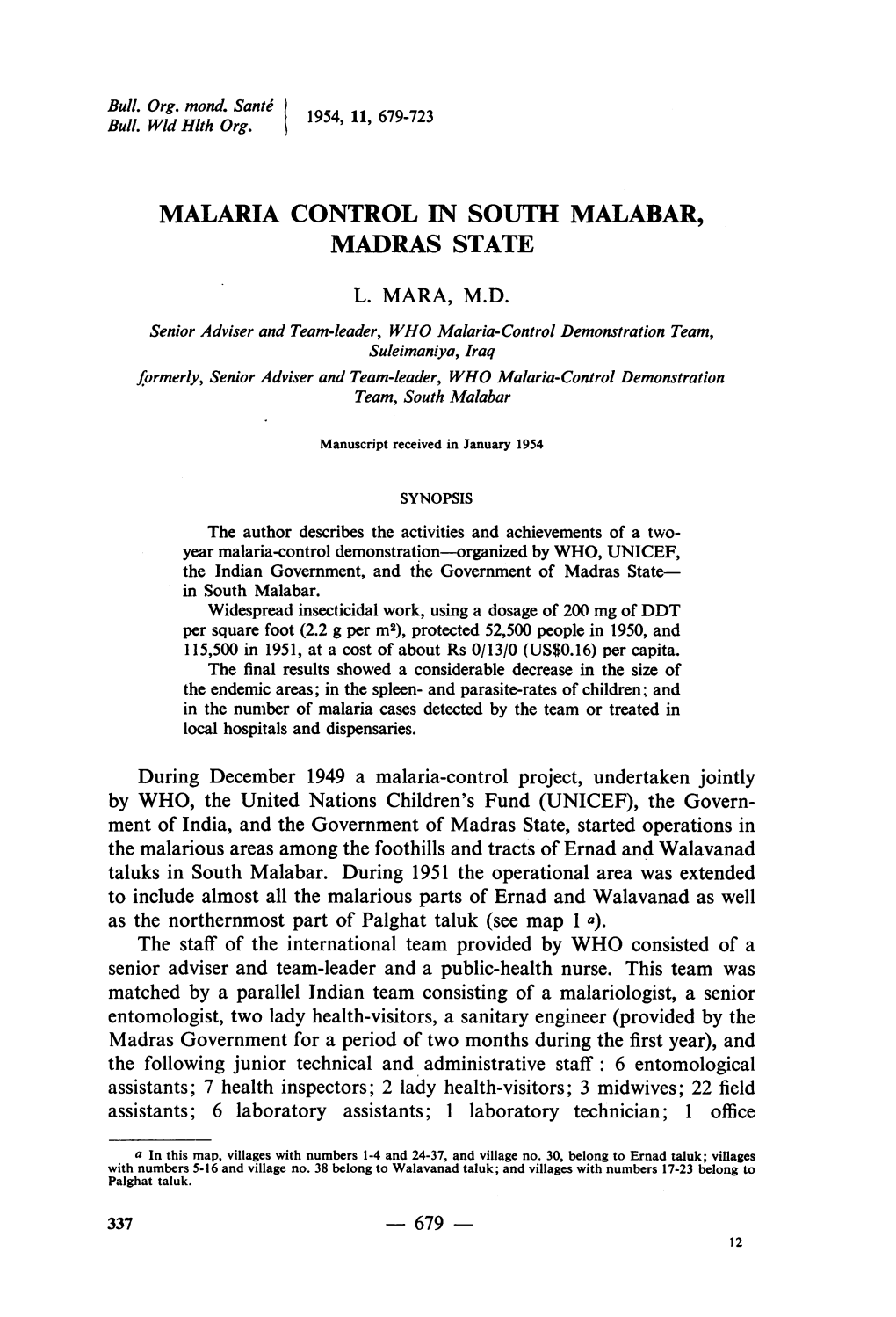 Malaria Control in South Malabar, Madras State