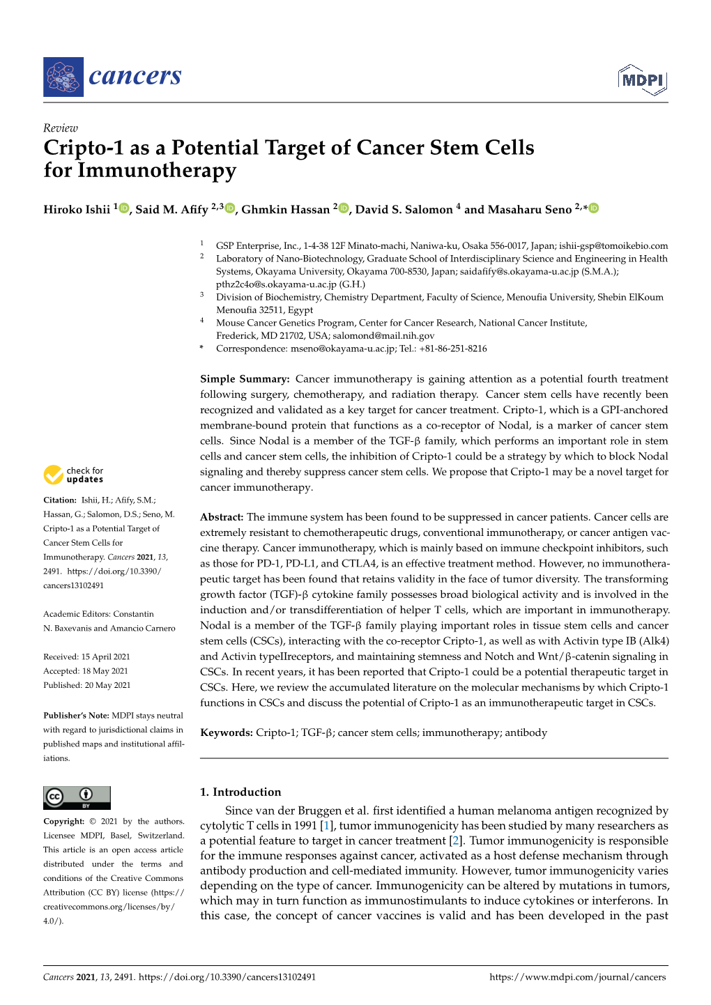 Cripto-1 As a Potential Target of Cancer Stem Cells for Immunotherapy