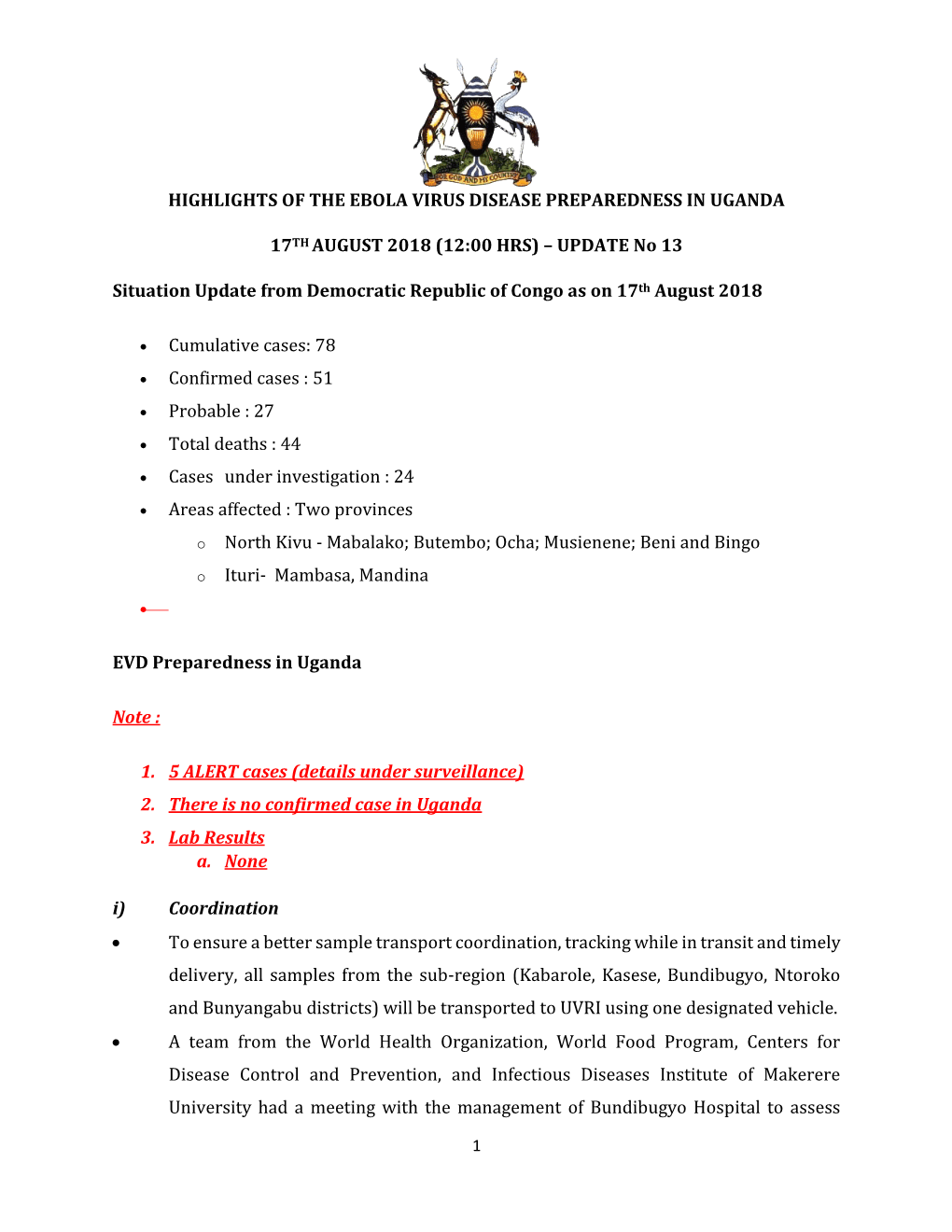 Highlights of the Ebola Virus Disease Preparedness in Uganda