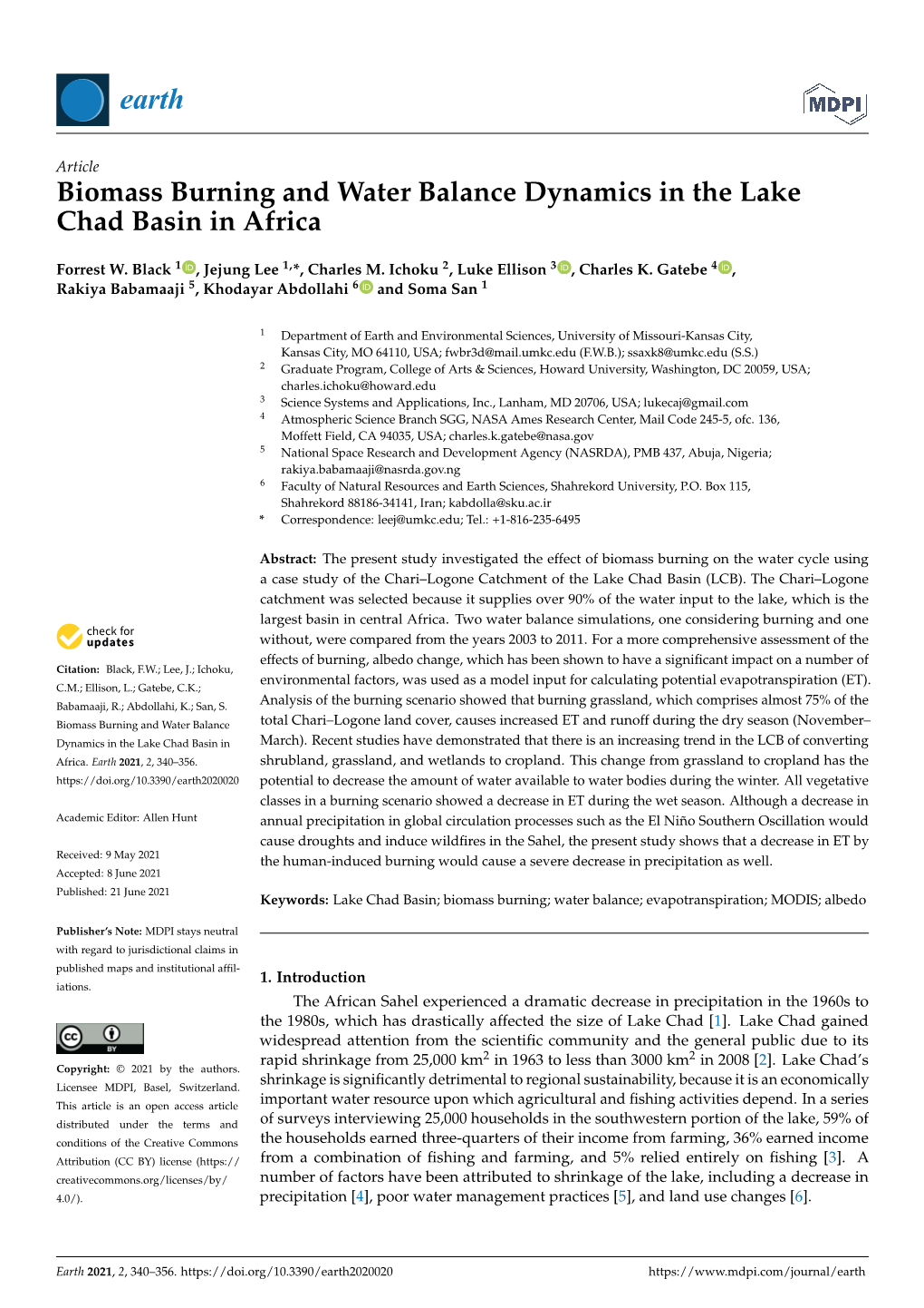 Biomass Burning and Water Balance Dynamics in the Lake Chad Basin in Africa