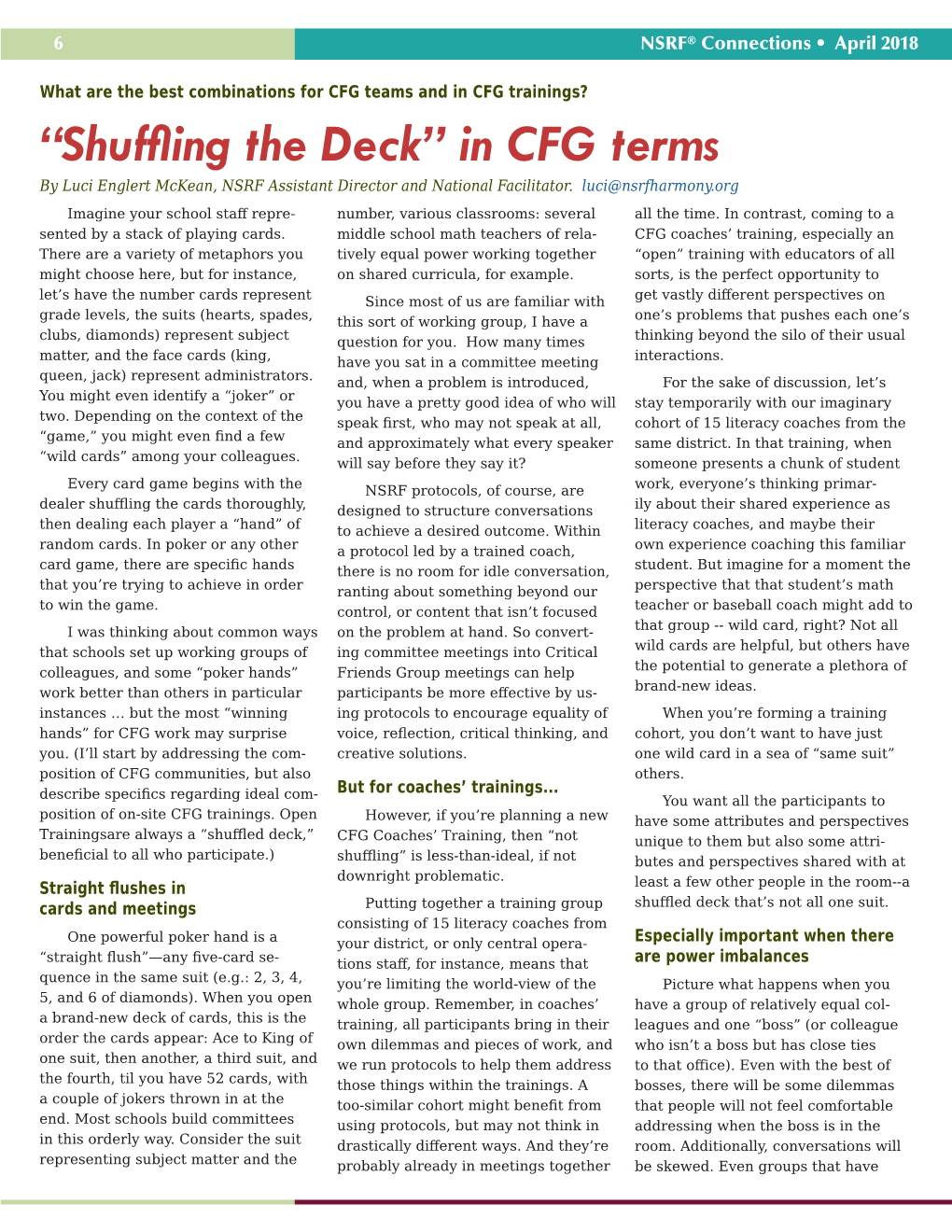 Shuffling the Deck” in CFG Terms by Luci Englert Mckean, NSRF Assistant Director and National Facilitator