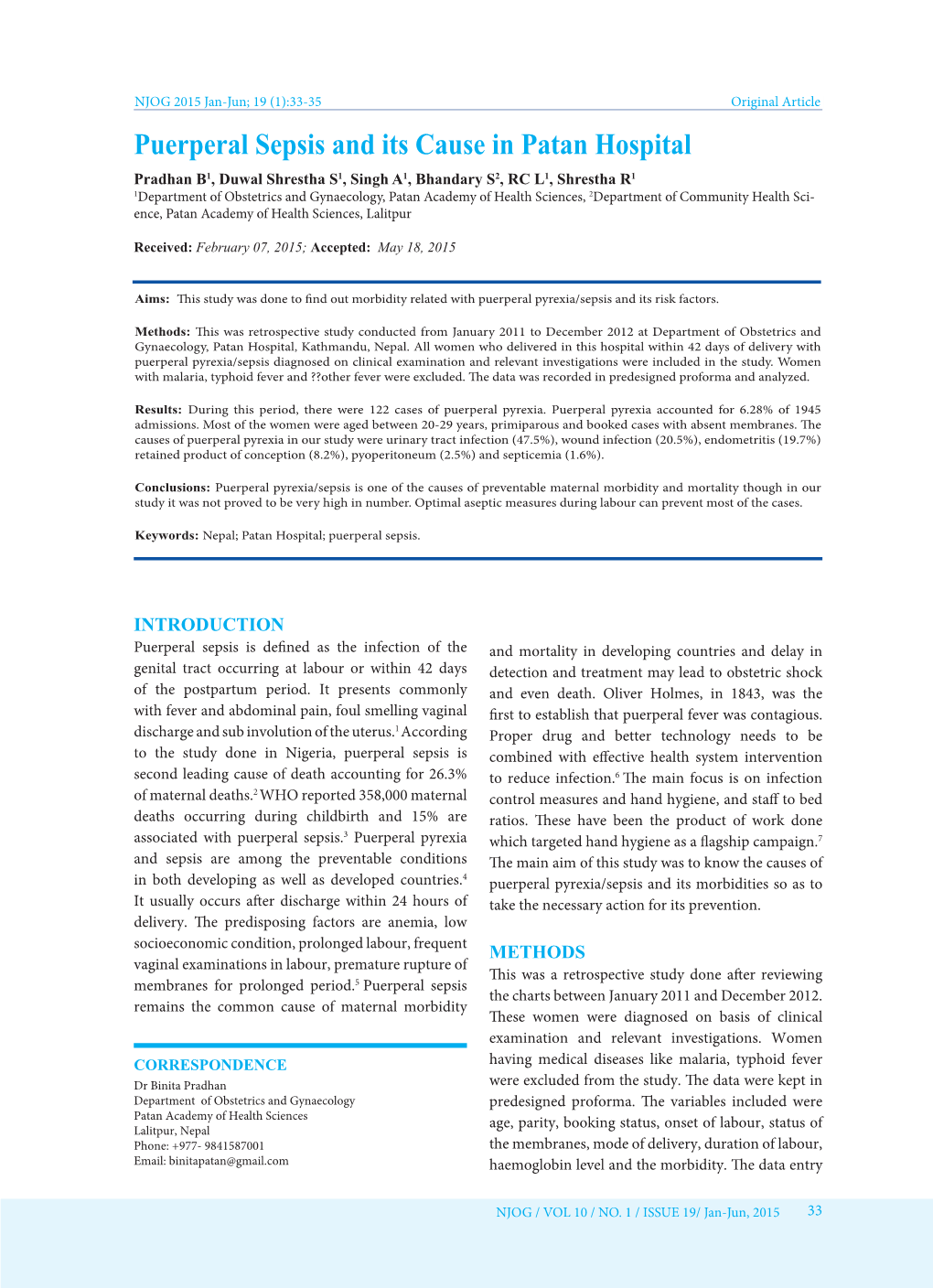 Puerperal Sepsis and Its Cause in Patan Hospital