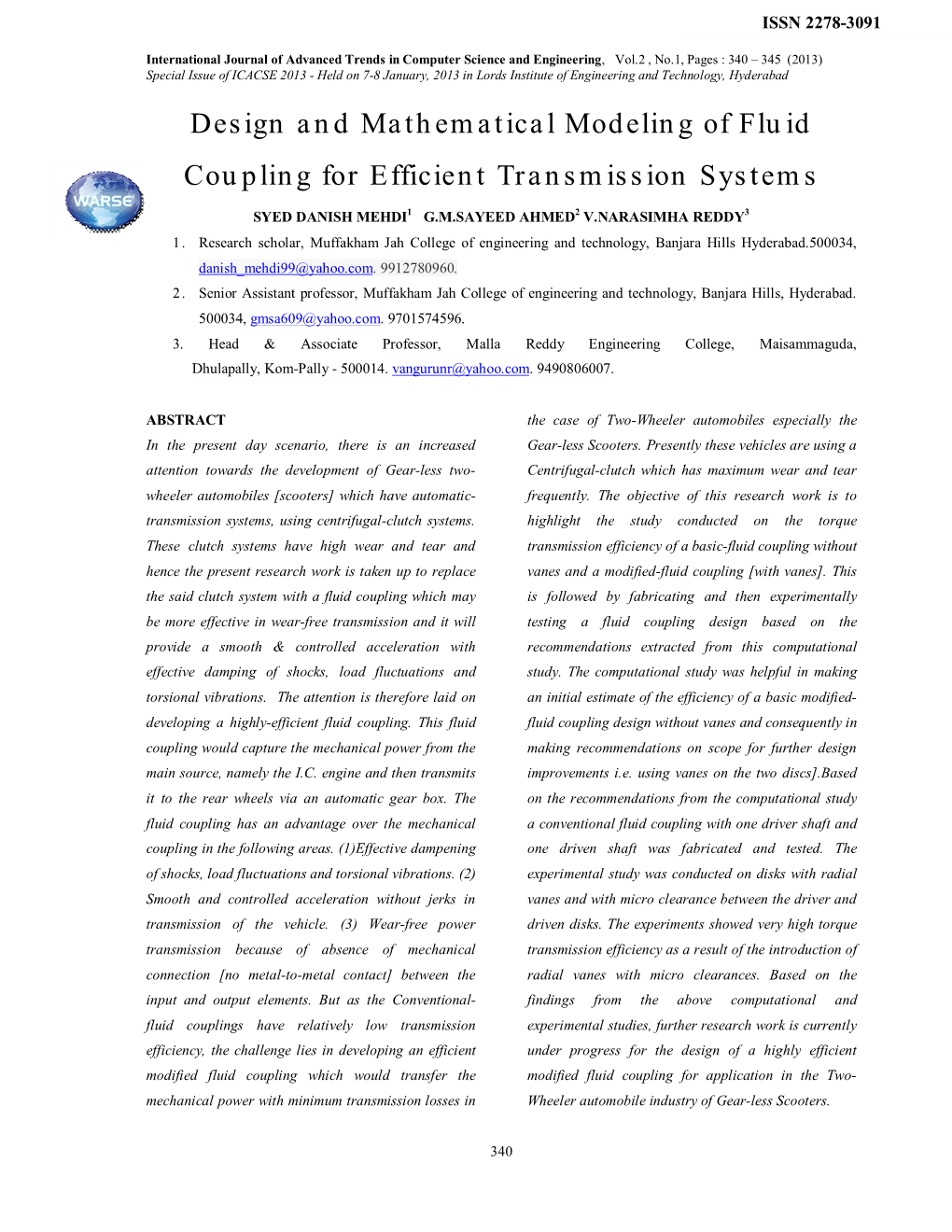 Design and Mathematical Modeling of Fluid Coupling for Efficient Transmission Systems