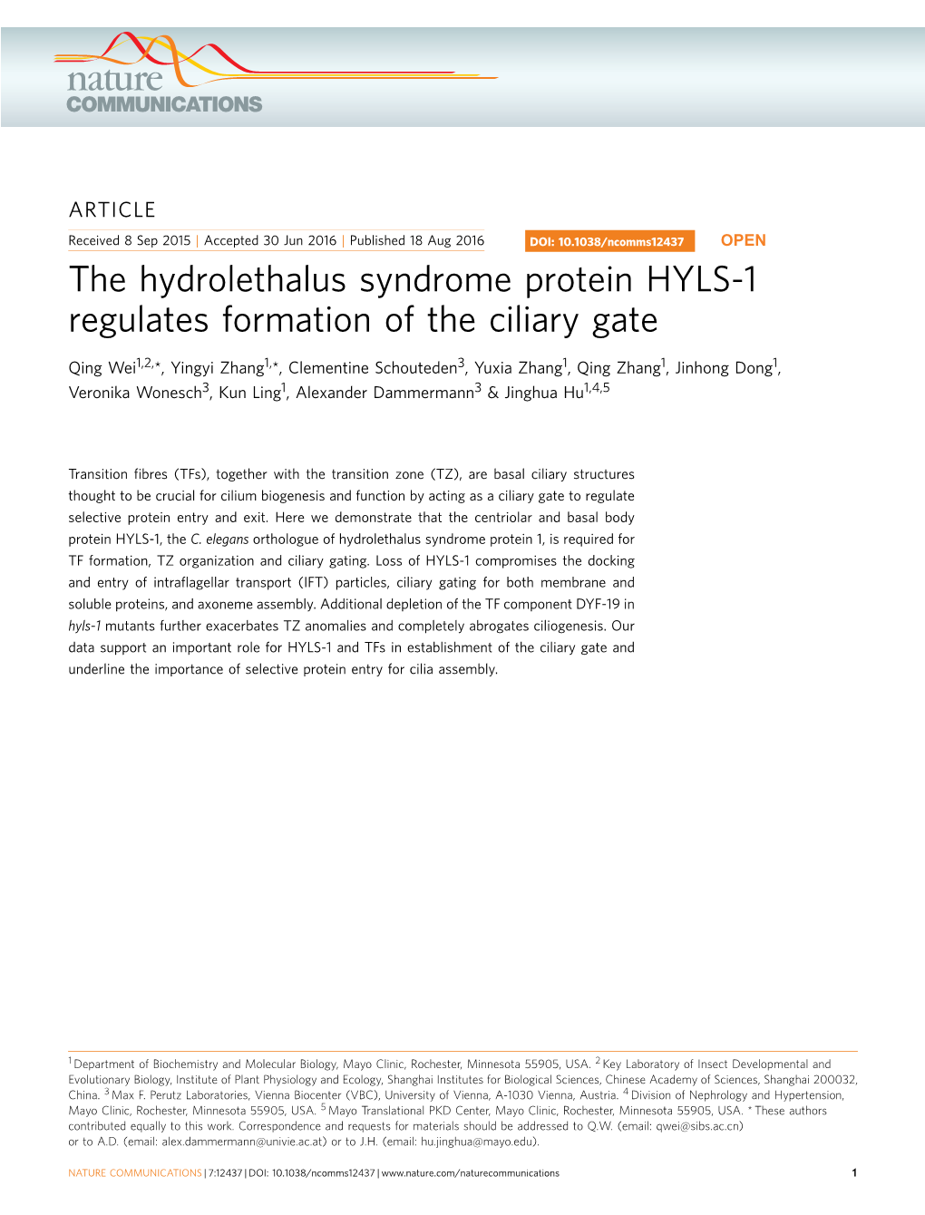 The Hydrolethalus Syndrome Protein HYLS-1 Regulates Formation of the Ciliary Gate