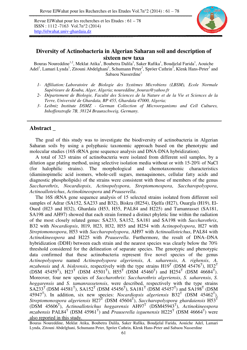 Actinobacteria in Algerian Saharan Soil and Description Sixteen New